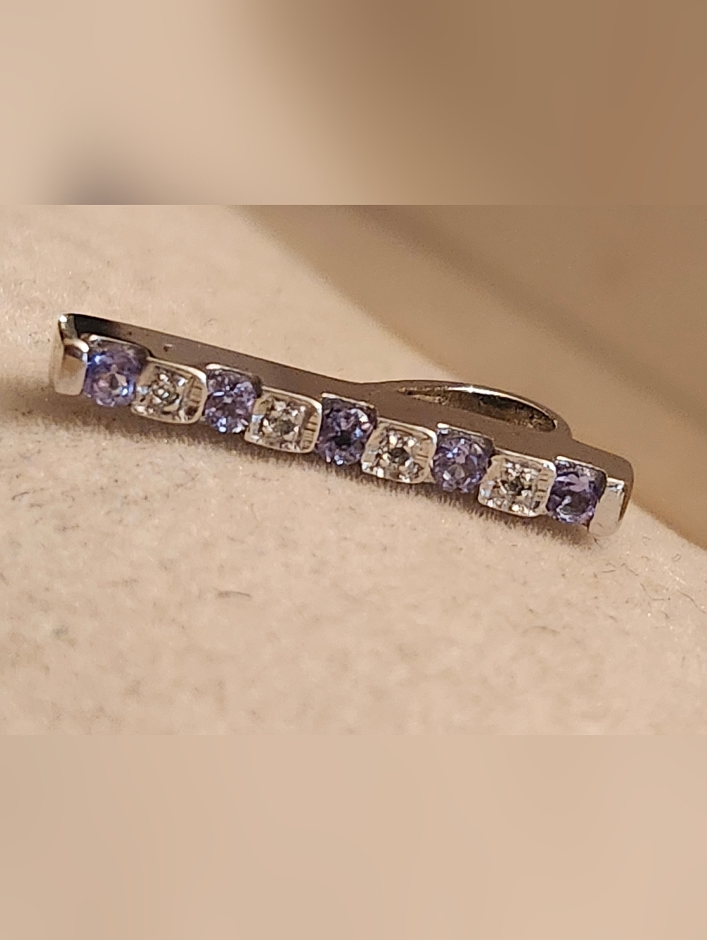 14k White Gold, Genuine Round cut Tanzanite and Diamonds,  Bar  Pendant